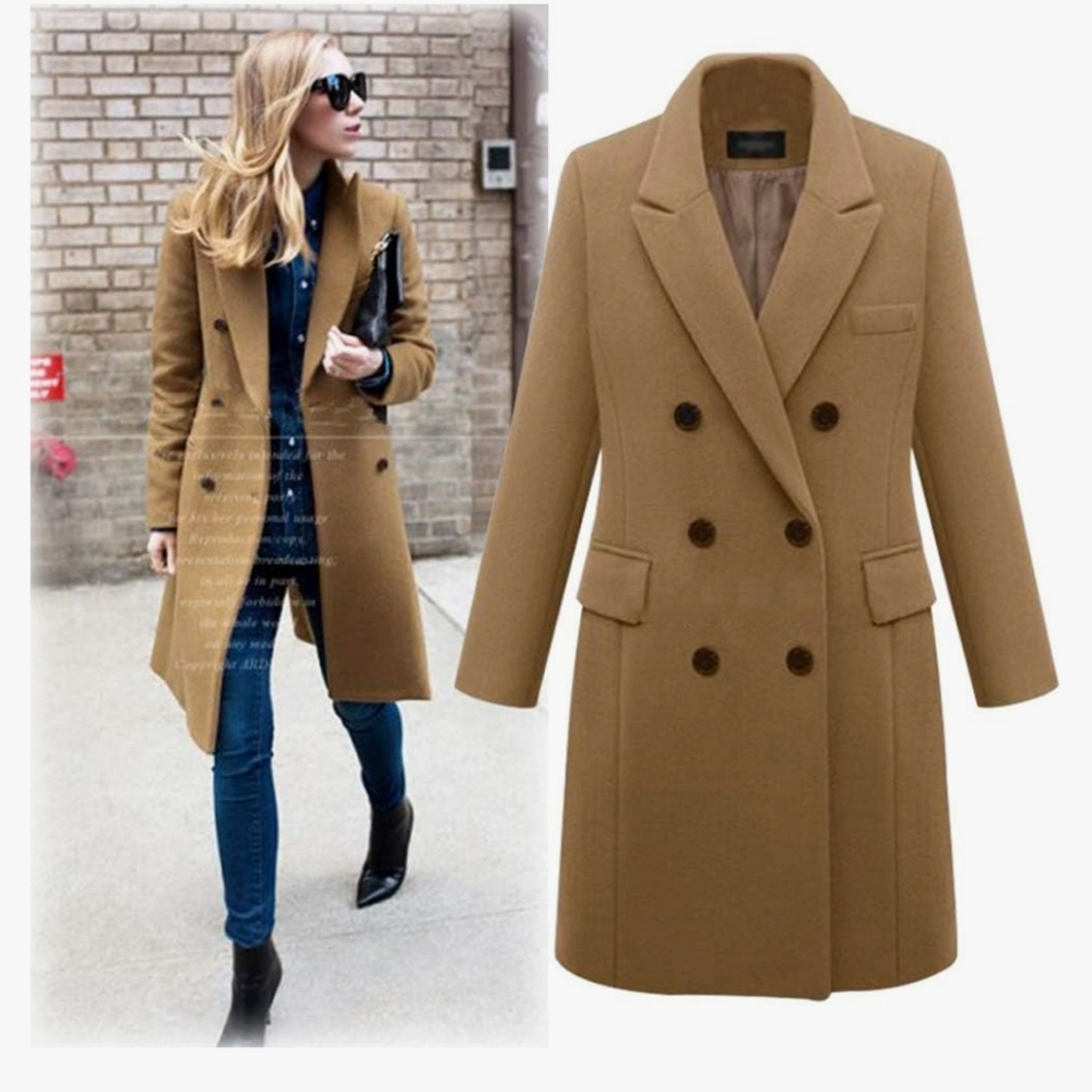 NWT Pantete Women's Notched Lapel Wool Coat Double Breasted Long Trench Jacket